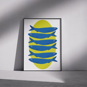 poster sitna plava riba sa žutom pozadinom