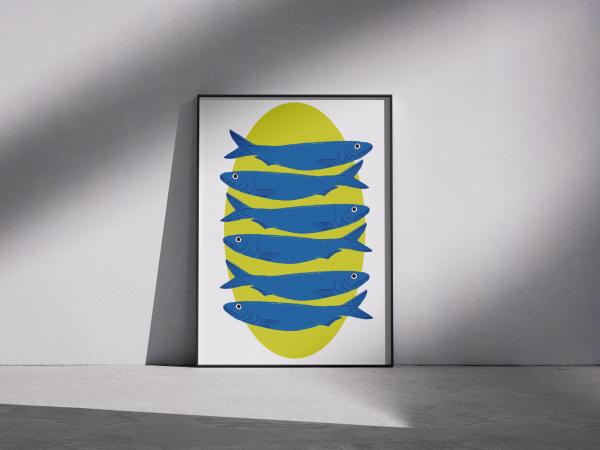 poster sitna plava riba sa žutom pozadinom